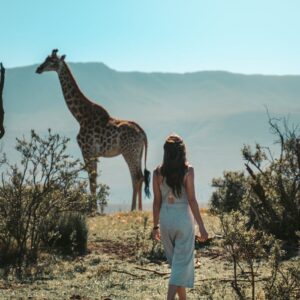 A Woman Standing Beside the Giraffe